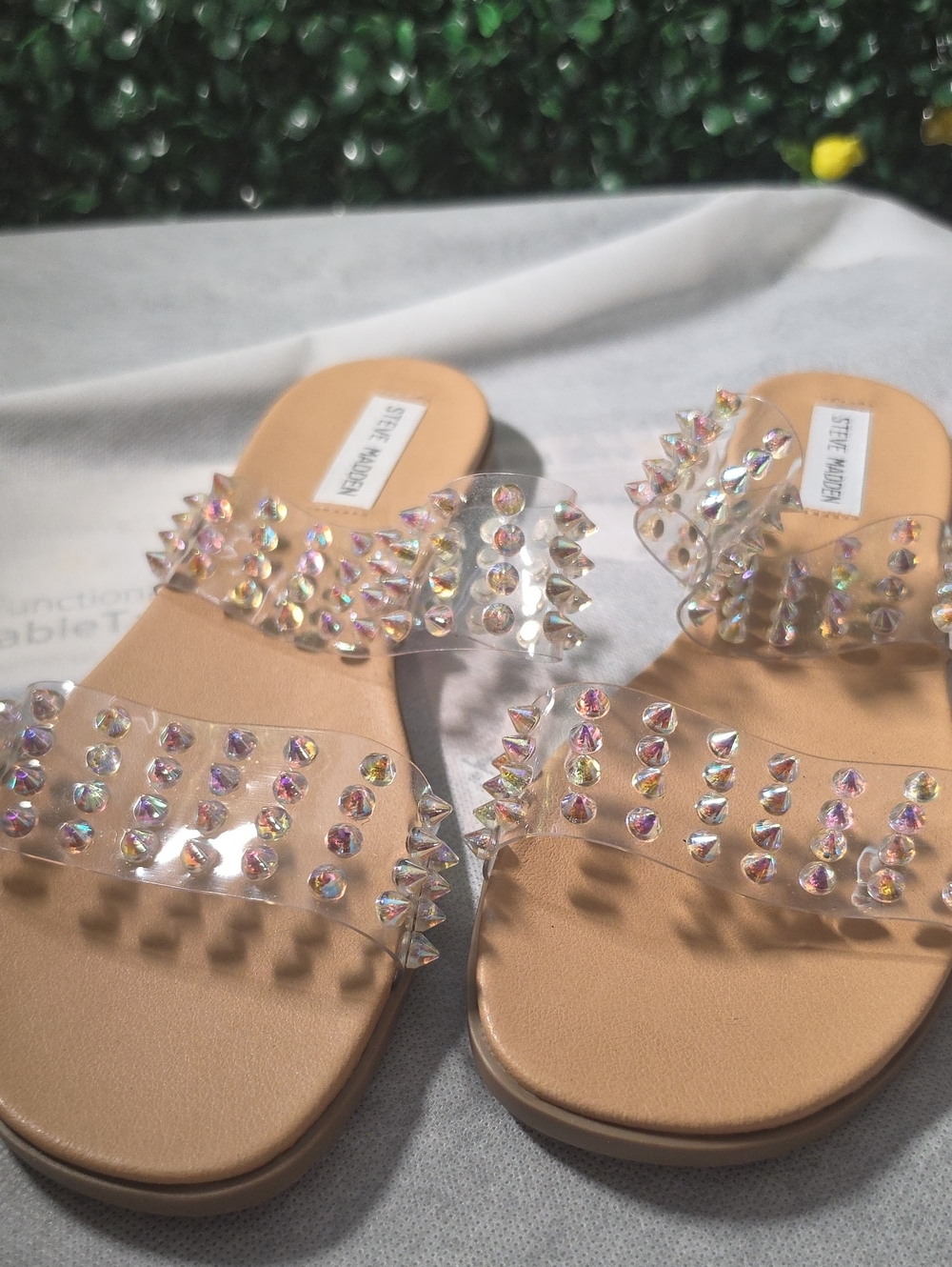 Steve Madden Nude Slide Sandals with Iridescent Studs